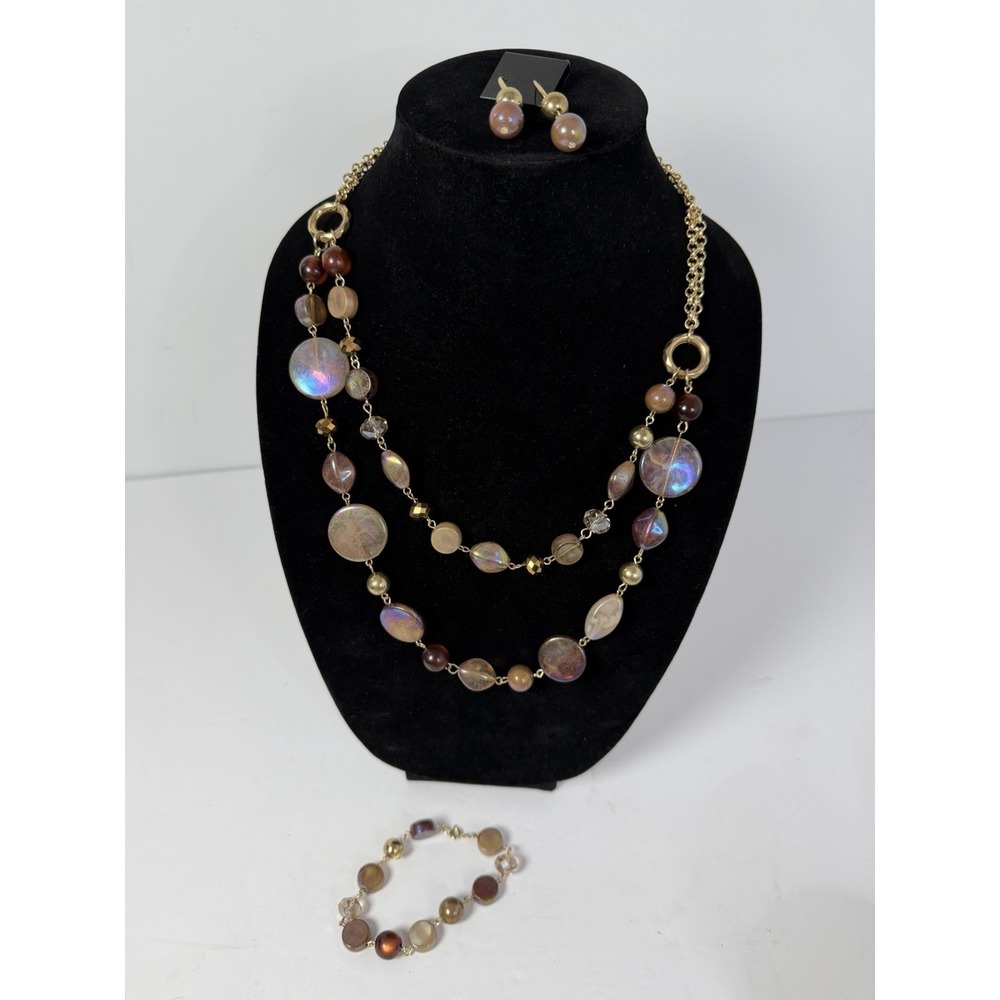 Costume Jewelry Multi Strand Necklace Bracelet Earrings Neutral Color Vintage‎